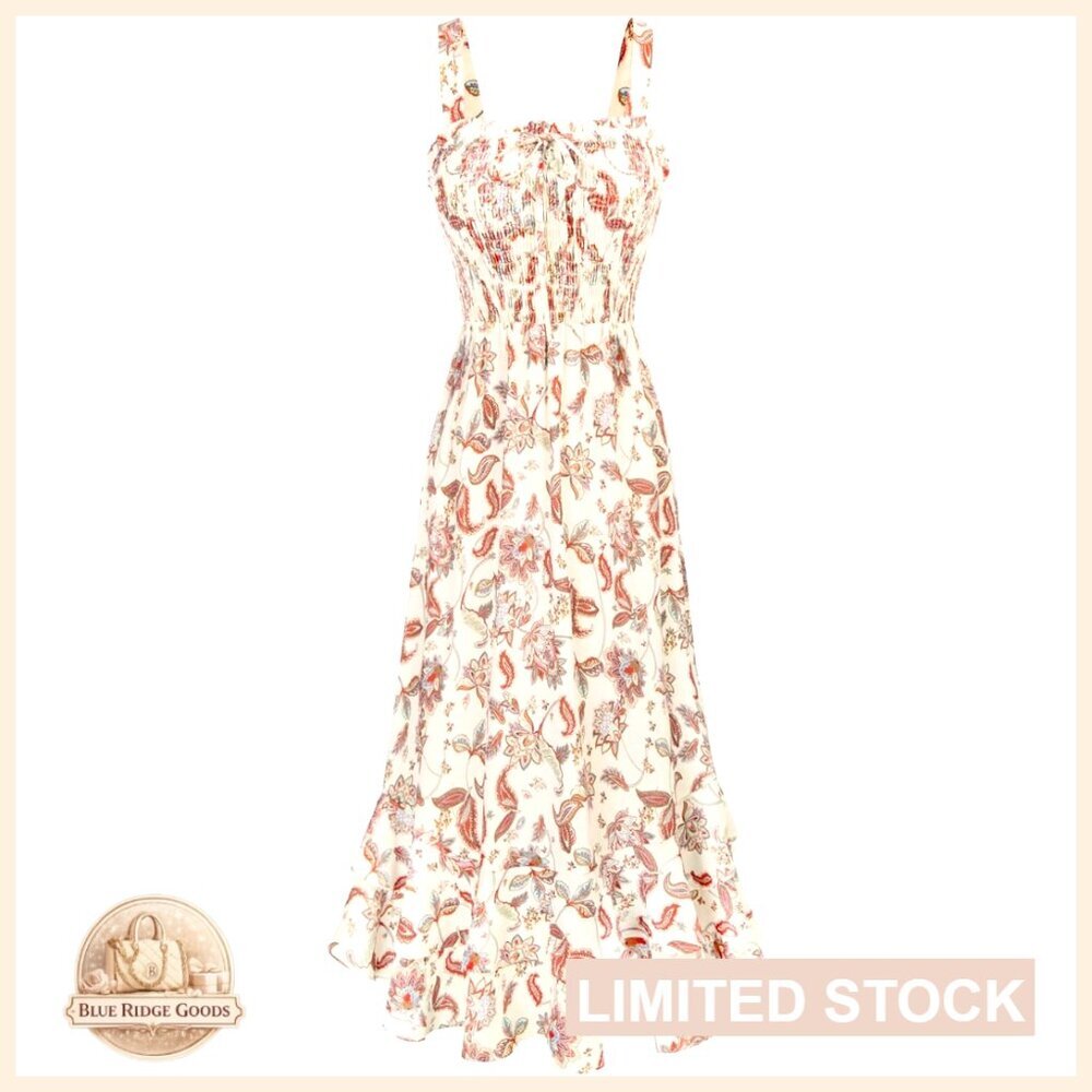 Floral Boho Maxi Dress Square Neck Strapped Swing A Line Sundress Beach